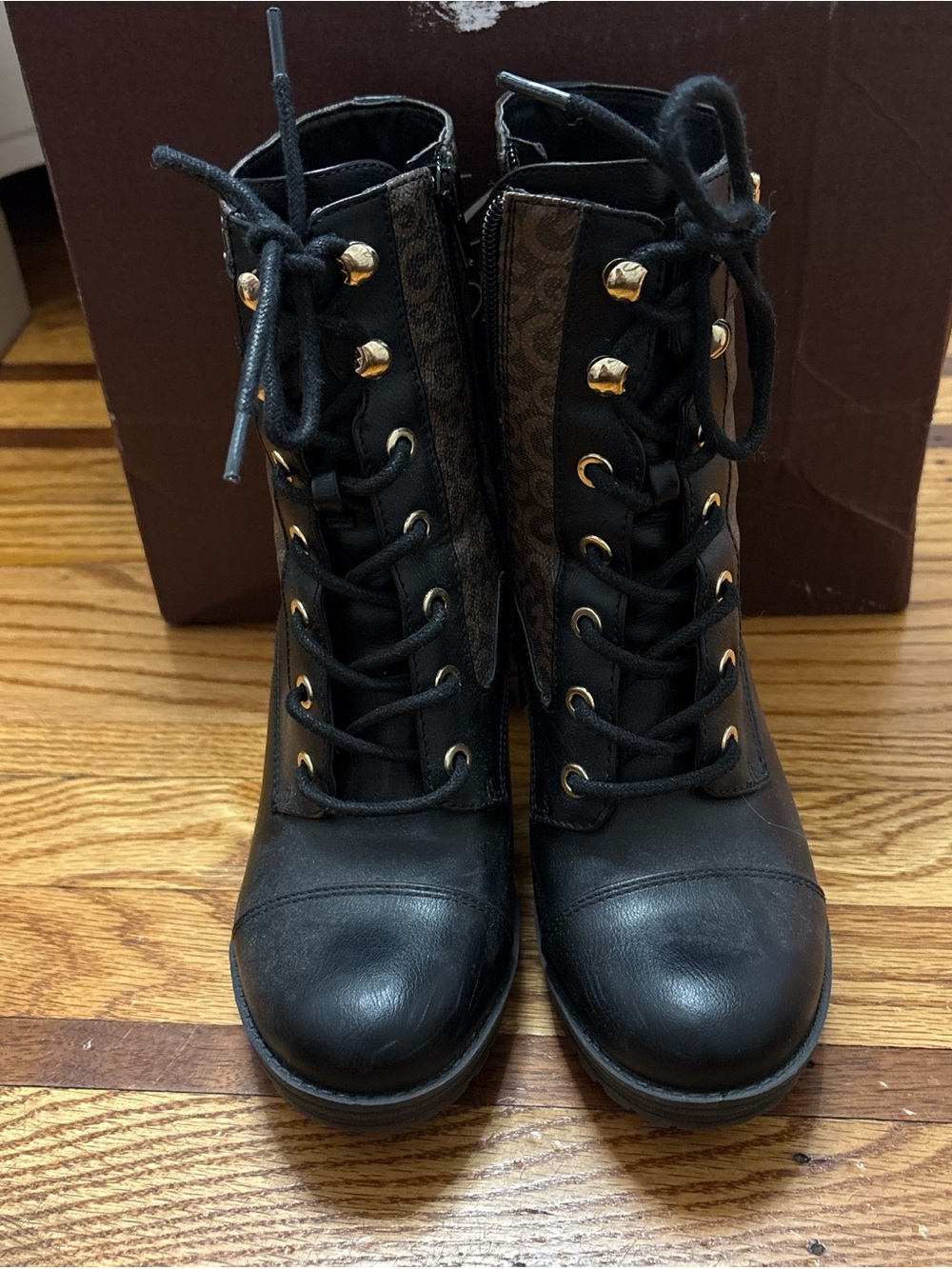 Black Lace-Up Women's Combat Boots with Gold Hardware